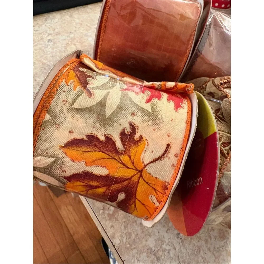 Fall Autumn Ribbon Bundle Solid Print Gold Orange Green Brown Ivory NEW 4 Spools